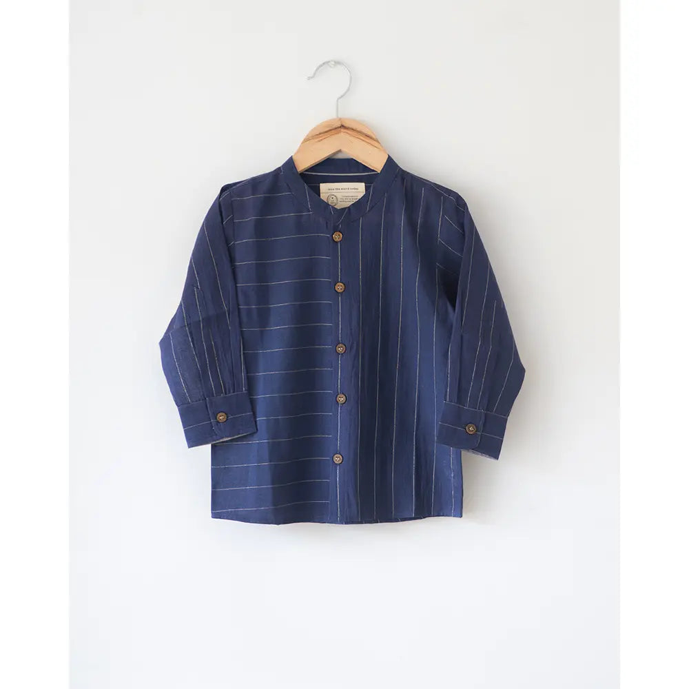 Love The World Today ‘Barefoot Boy’ Chinese Collar Blue Stripes Shirt In Handwoven Cotton - Blue