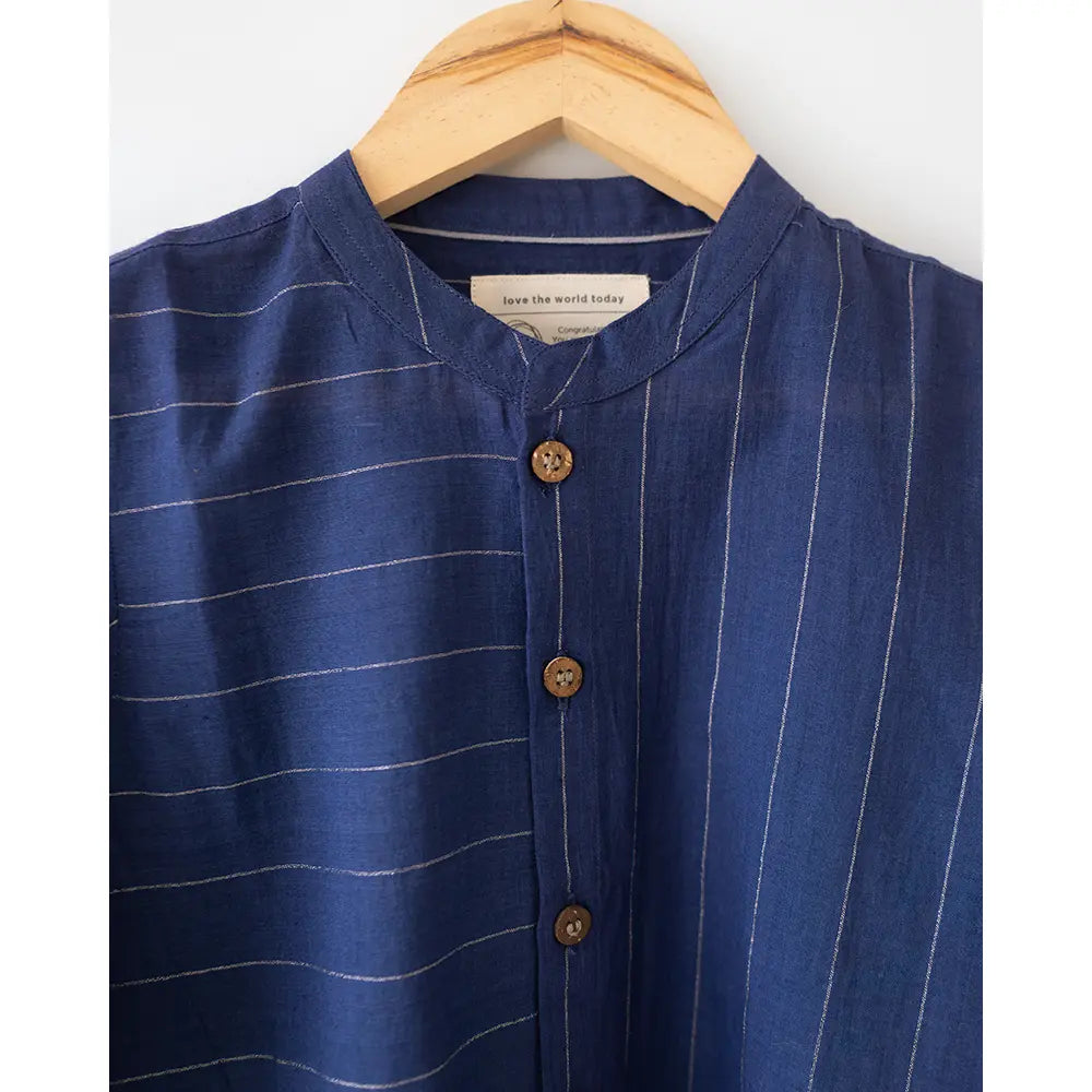 Love The World Today ‘Barefoot Boy’ Chinese Collar Blue Stripes Shirt In Handwoven Cotton - Blue