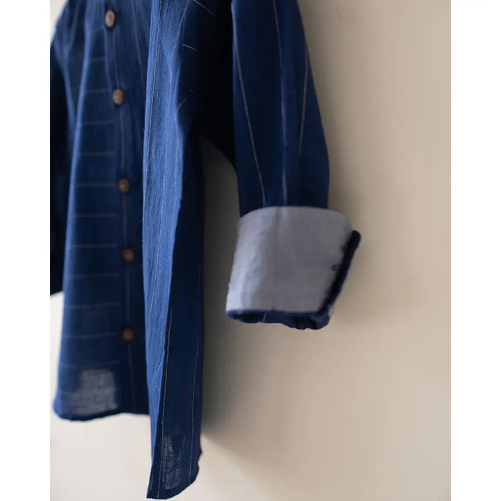 Love The World Today ‘Barefoot Boy’ Chinese Collar Blue Stripes Shirt In Handwoven Cotton - Blue