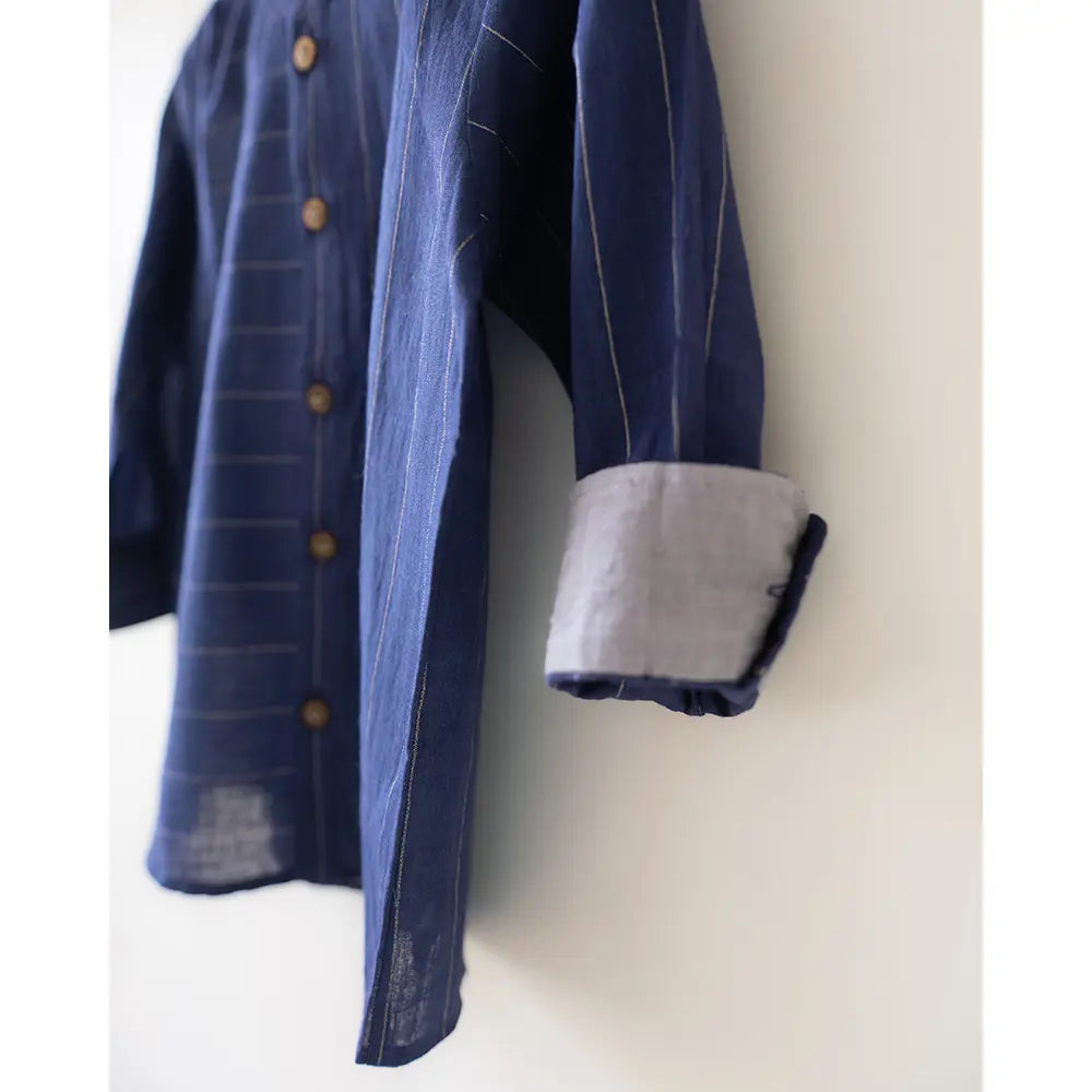 Love The World Today ‘Barefoot Boy’ Chinese Collar Blue Stripes Shirt In Handwoven Cotton - Blue