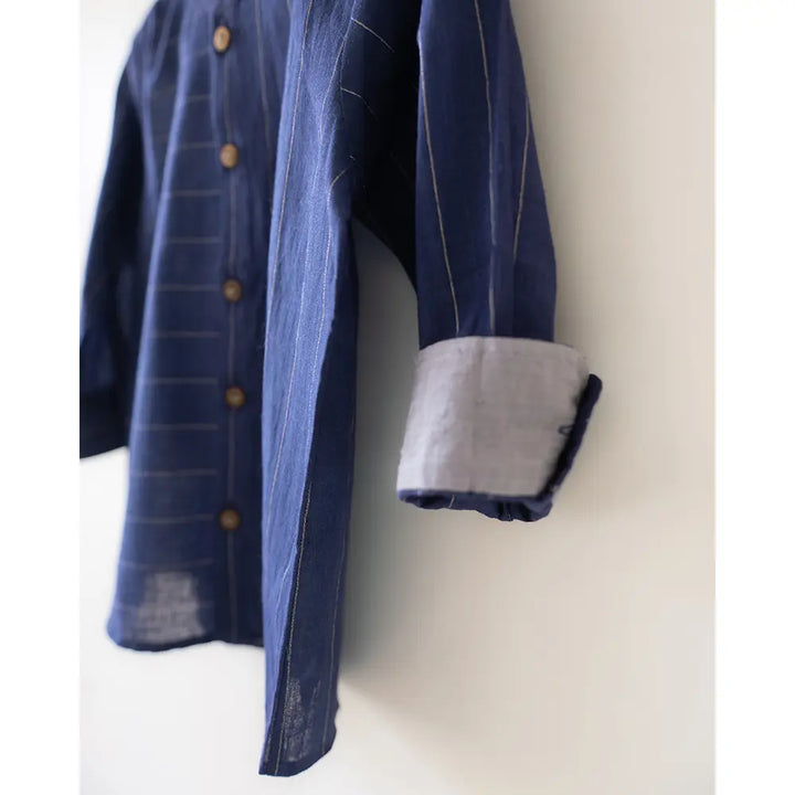 Love The World Today ‘Barefoot Boy’ Chinese Collar Blue Stripes Shirt In Handwoven Cotton - Blue