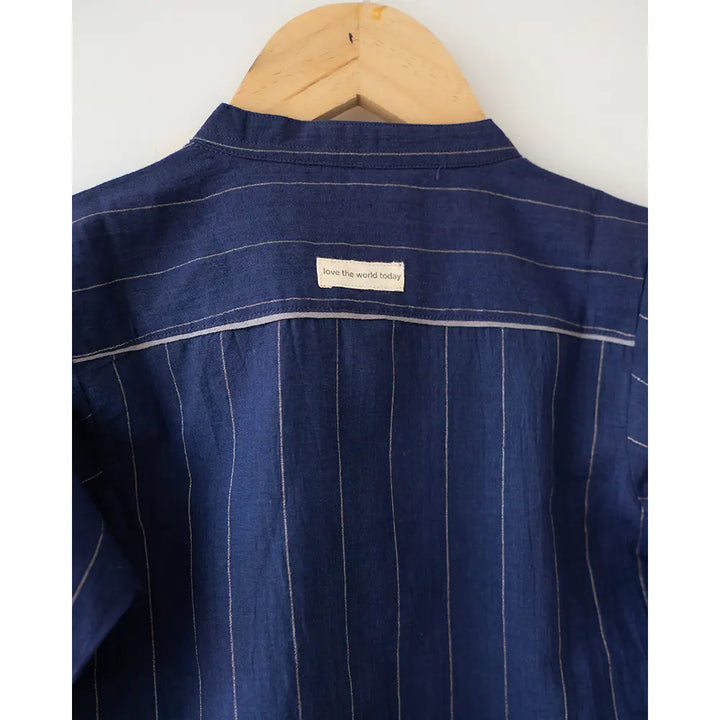 Love The World Today ‘Barefoot Boy’ Chinese Collar Blue Stripes Shirt In Handwoven Cotton - Blue