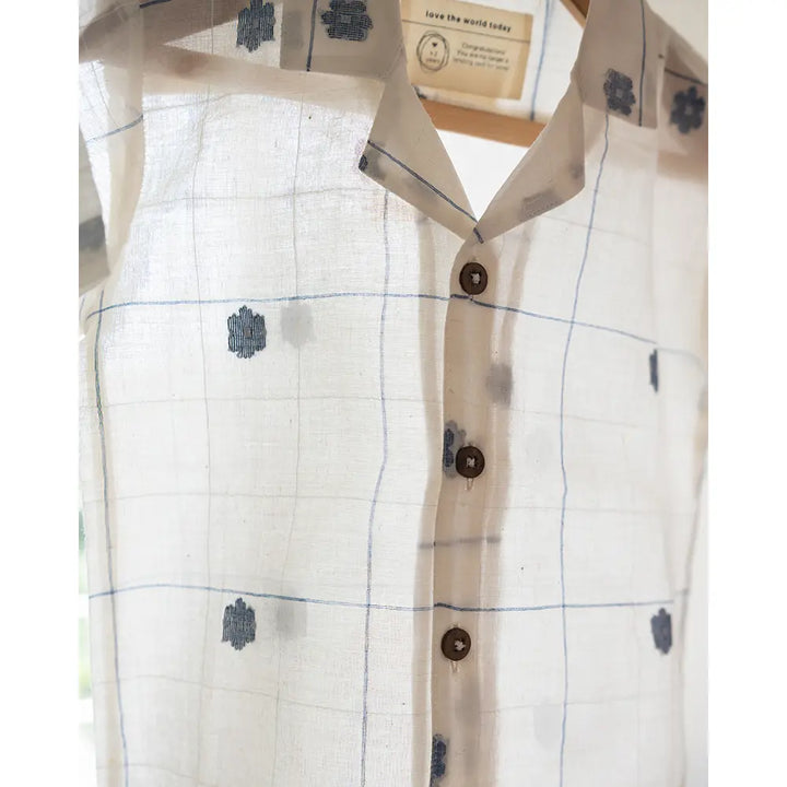 Love The World Today ‘Cotton Cloud’ Half Sleeve Shirt In Handwoven Jamdani Cotton - Off White