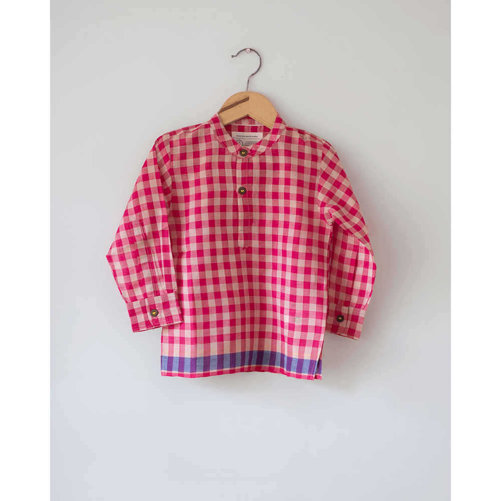 Love The World Today Candy Cloud Handwoven Cotton Pink Silk Kurta Shirt- Boys