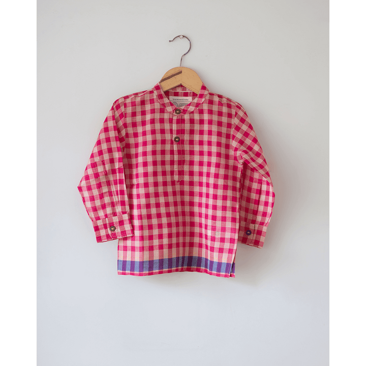 Love The World Today Candy Cloud Handwoven Cotton Pink Silk Kurta Shirt- Boys