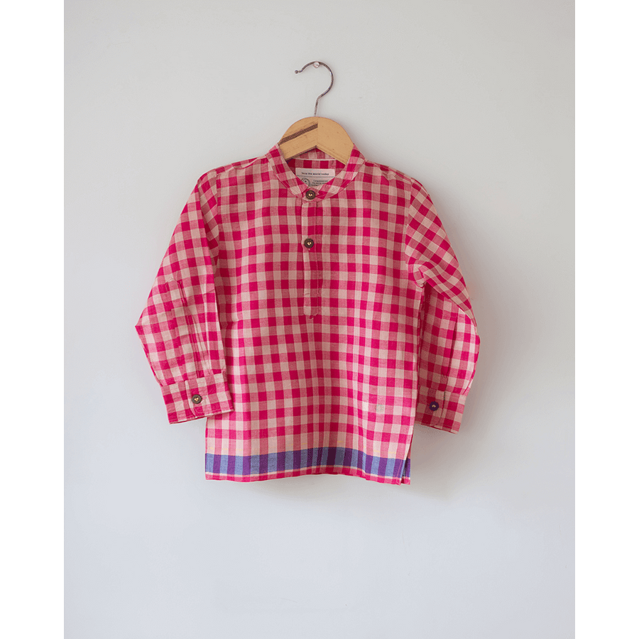 Love The World Today Candy Cloud Handwoven Cotton Pink Silk Kurta Shirt- Boys