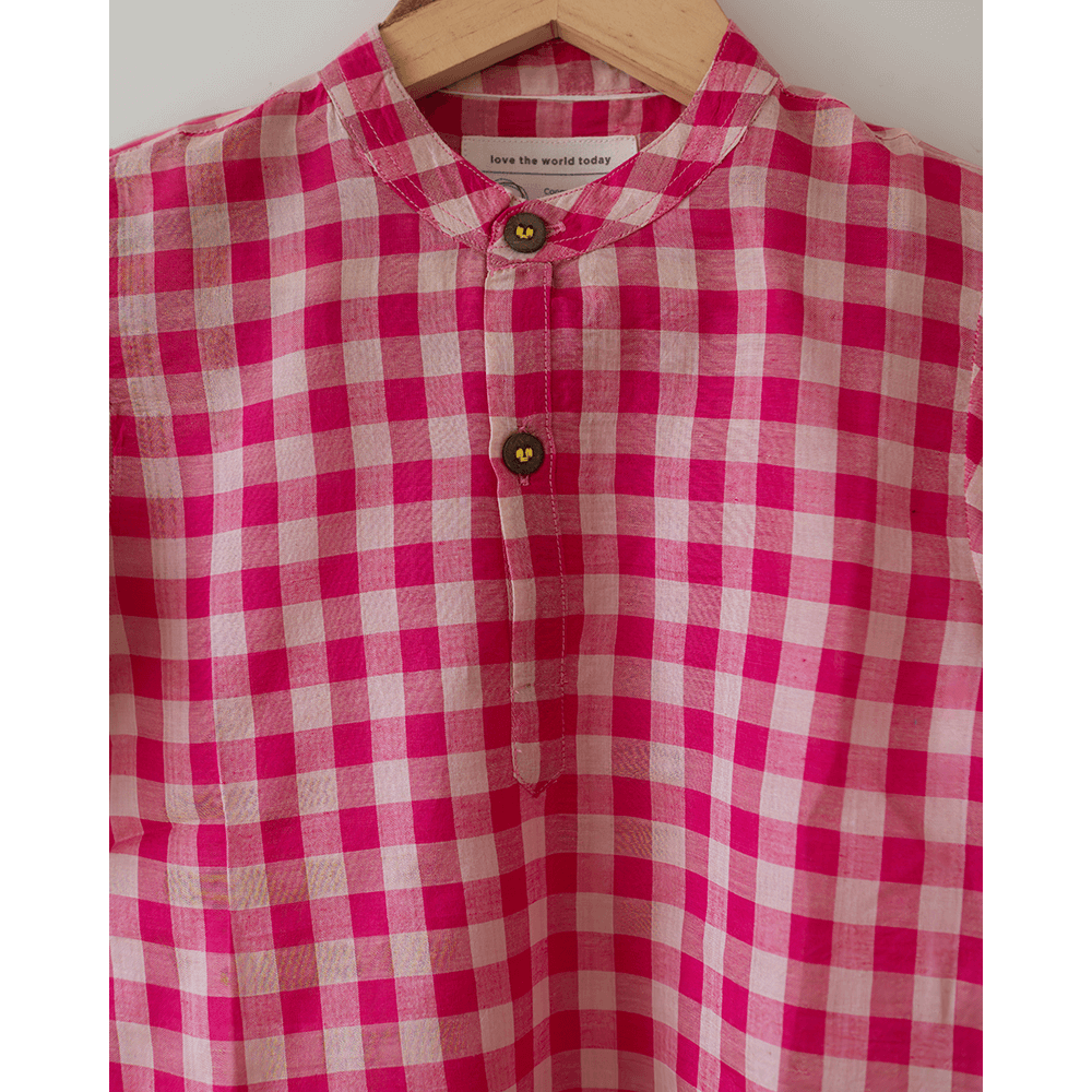 Love The World Today Candy Cloud Handwoven Cotton Pink Silk Kurta Shirt- Boys