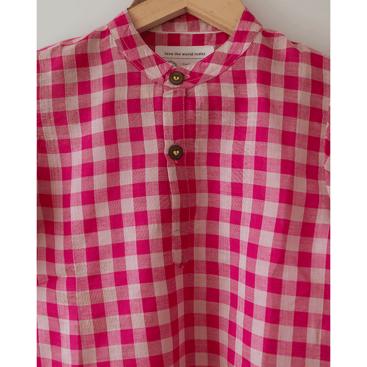 Love The World Today Candy Cloud Handwoven Cotton Pink Silk Kurta Shirt- Boys