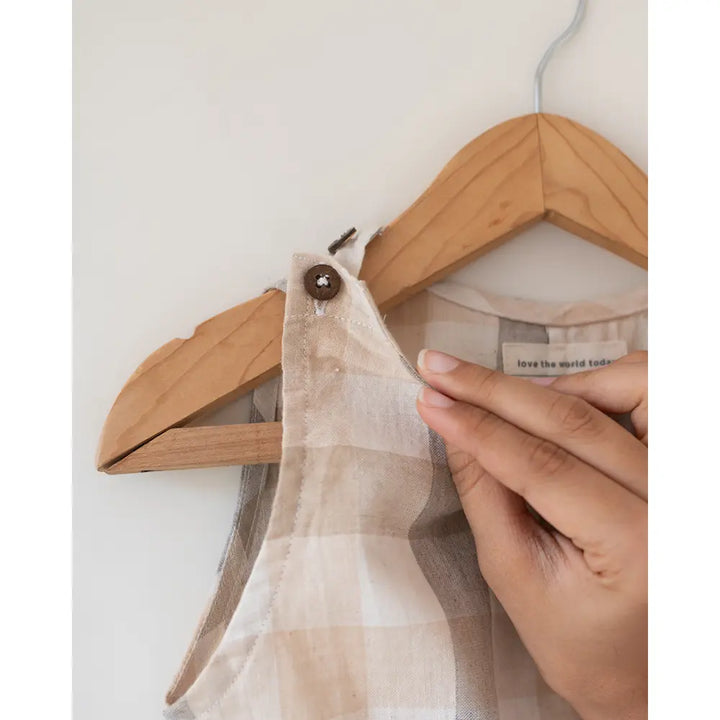 Love The World Today ‘Midsummer’ Beige Off White Checkered Unisex Jumpsuit In Handwoven Cotton - Beige