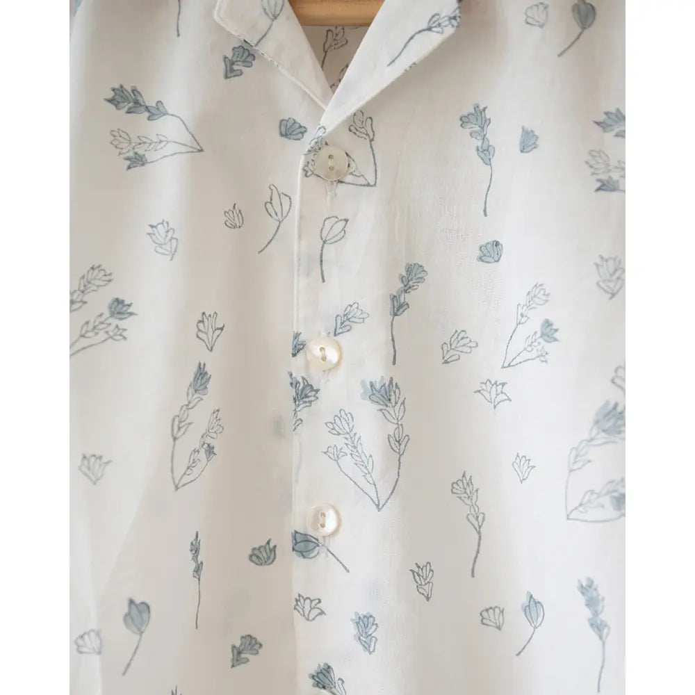 Love The World Today ‘Boogie’ Half Sleeve Shirt In Floral Hand Block Print Cotton - White