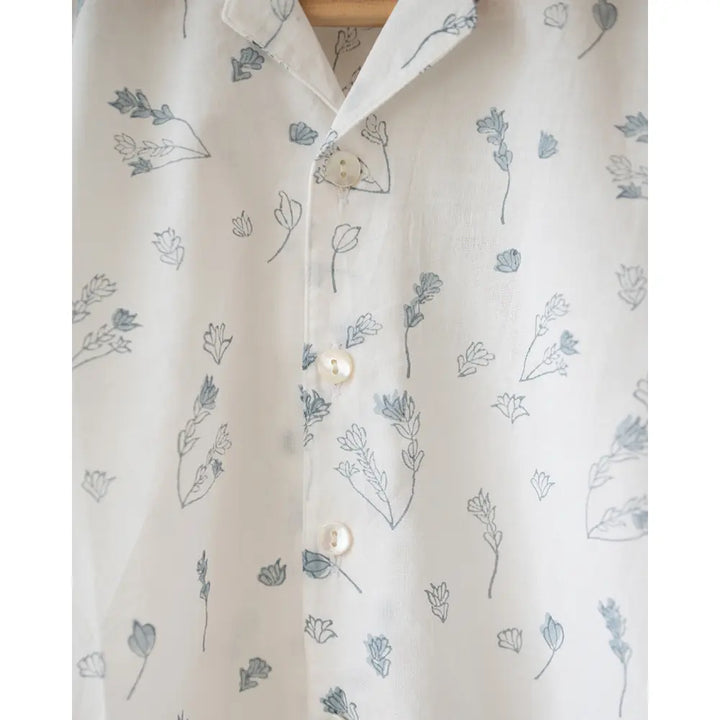 Love The World Today ‘Boogie’ Half Sleeve Shirt In Floral Hand Block Print Cotton - White