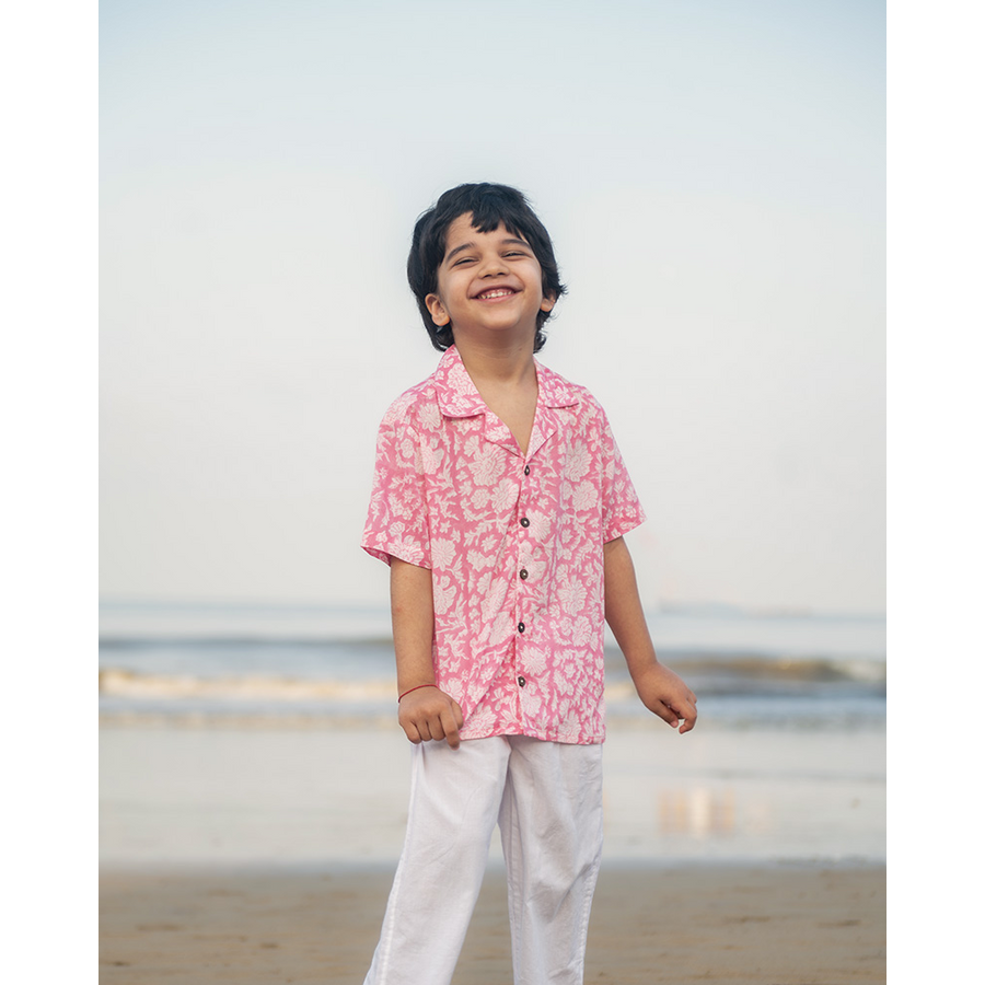 Love The World Today ‘Groove’ Pink Floral Hand Block Print Boys Shirt