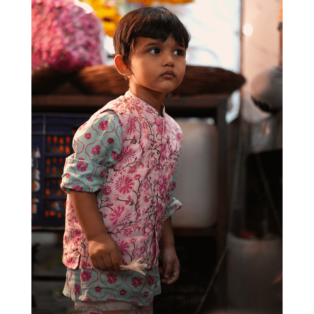 Love The World Today Gul Cotton Blue Floral Kurta- Boys
