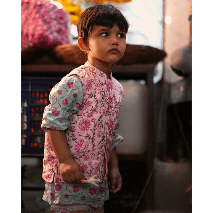 Love The World Today Gul Cotton Blue Floral Kurta- Boys