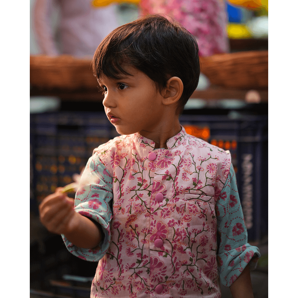 Love The World Today Gul Cotton Blue Floral Kurta- Boys