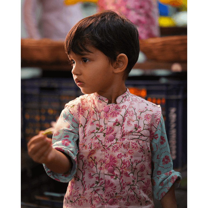 Love The World Today Gul Cotton Blue Floral Kurta- Boys