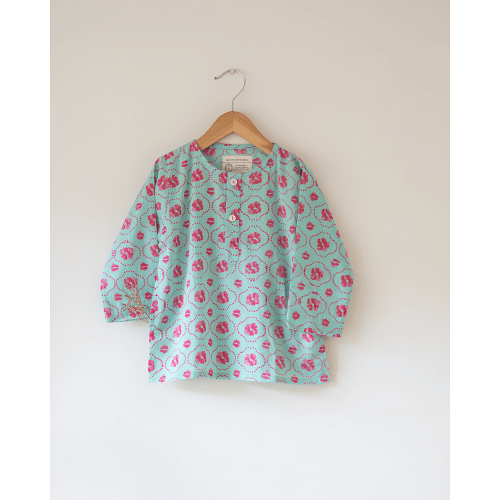 Love The World Today Gul Cotton Blue Floral Kurta- Boys