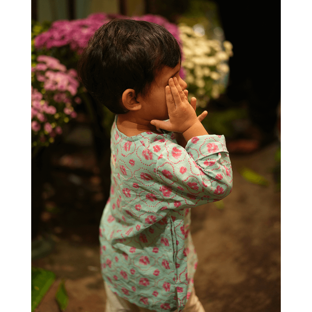 Love The World Today Gul Cotton Blue Floral Kurta- Boys