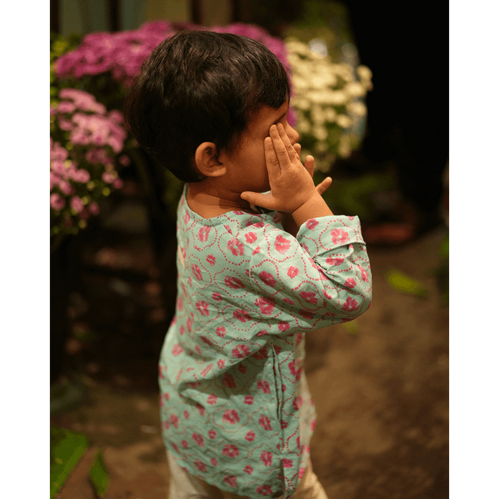 Love The World Today Gul Cotton Blue Floral Kurta- Boys