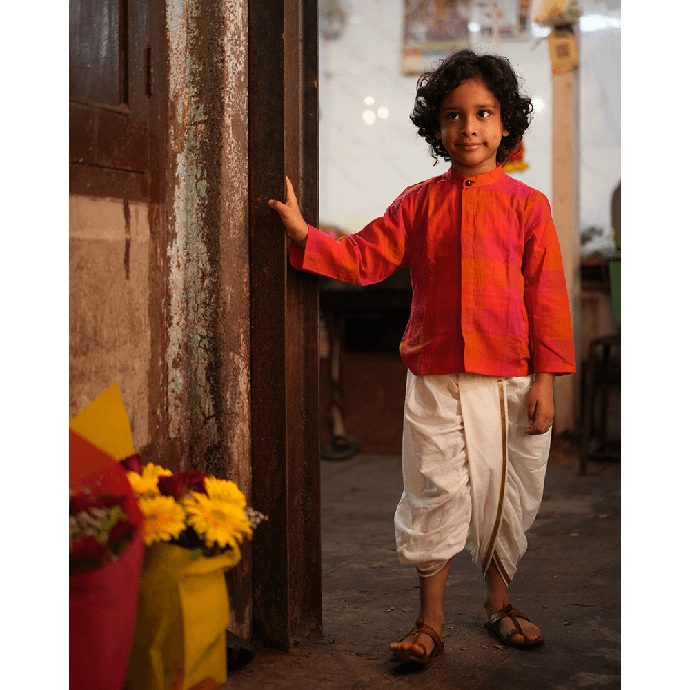 Love The World Today Gulmohar Cotton Checkered Full Sleeve Jacket Shirt- Boys