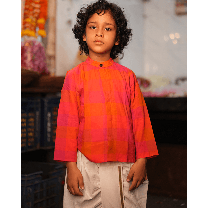 Love The World Today Gulmohar Cotton Checkered Full Sleeve Jacket Shirt- Boys