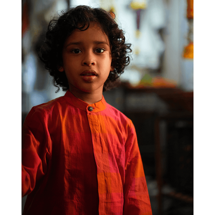 Love The World Today Gulmohar Cotton Checkered Full Sleeve Jacket Shirt- Boys