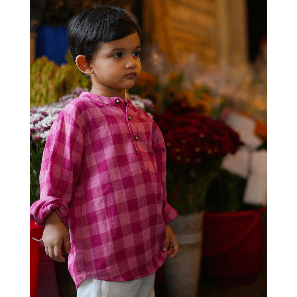 Love The World Today Mithaas Cotton Pink Checkered Full Sleeves Shirt Kurta- Boys