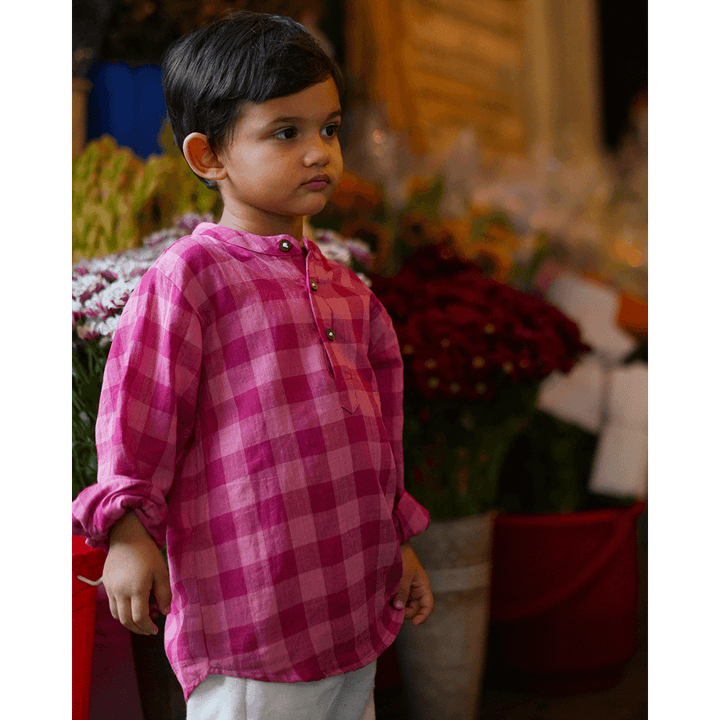 Love The World Today Mithaas Cotton Pink Checkered Full Sleeves Shirt Kurta- Boys