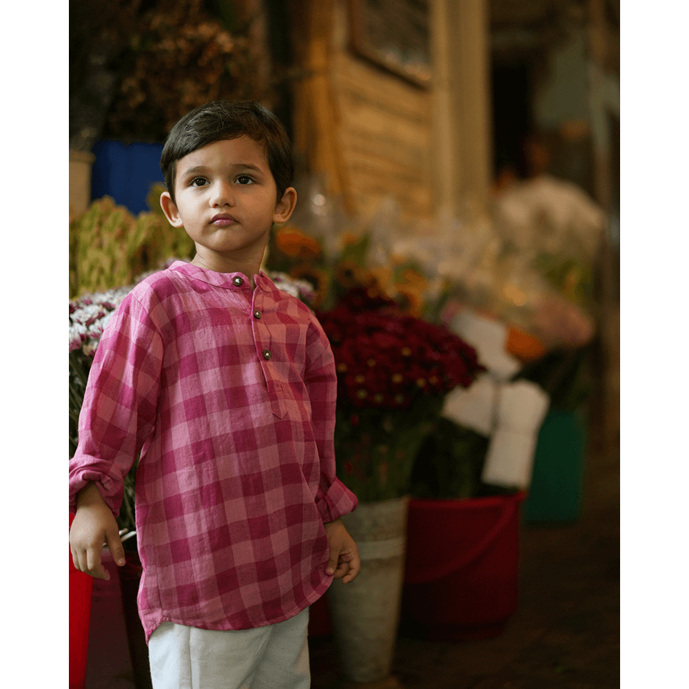 Love The World Today Mithaas Cotton Pink Checkered Full Sleeves Shirt Kurta- Boys