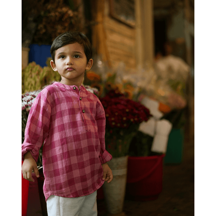 Love The World Today Mithaas Cotton Pink Checkered Full Sleeves Shirt Kurta- Boys