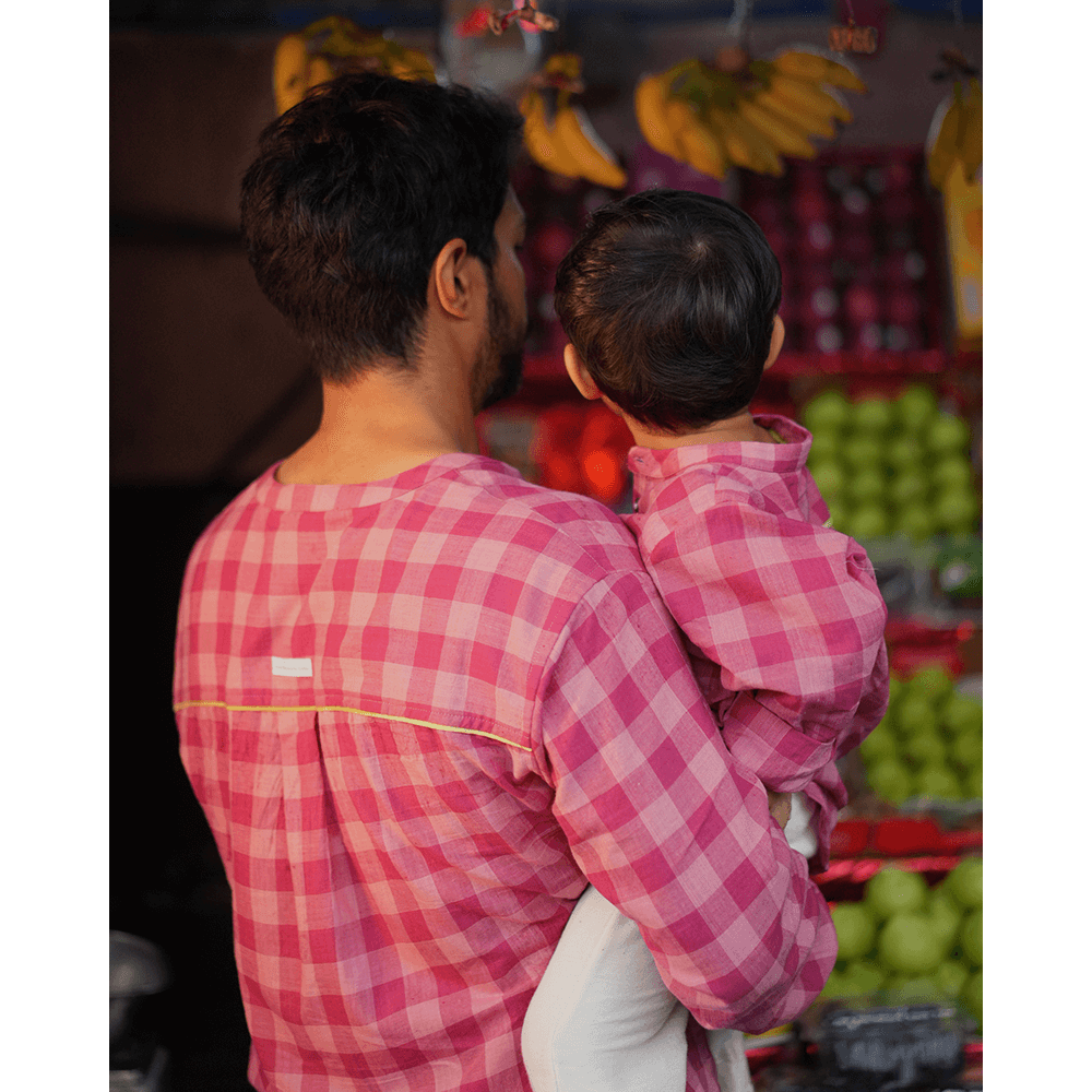 Love The World Today Mithaas Cotton Pink Checkered Full Sleeves Shirt Kurta- Boys