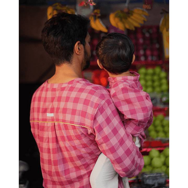 Love The World Today Mithaas Cotton Pink Checkered Full Sleeves Shirt Kurta- Boys