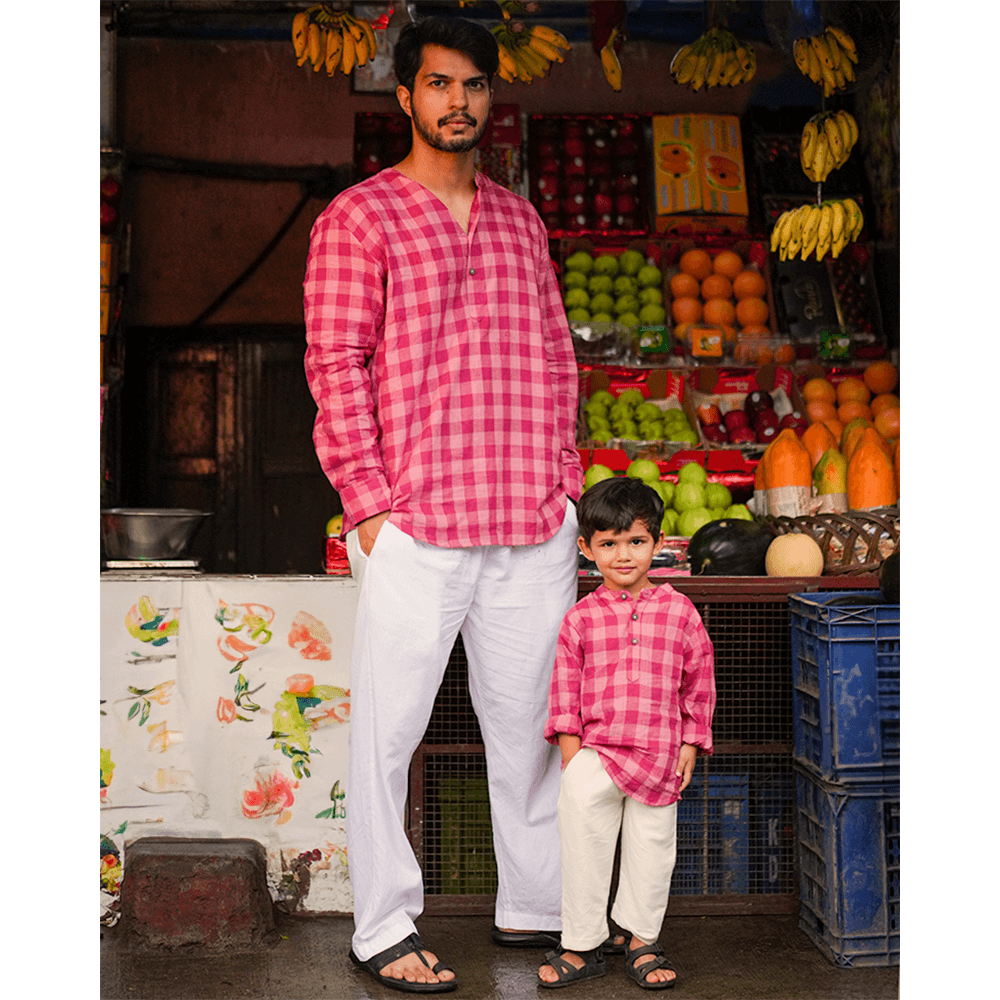 Love The World Today Mithaas Cotton Pink Checkered Full Sleeves Shirt Kurta- Boys