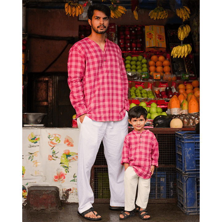 Love The World Today Mithaas Cotton Pink Checkered Full Sleeves Shirt Kurta- Boys