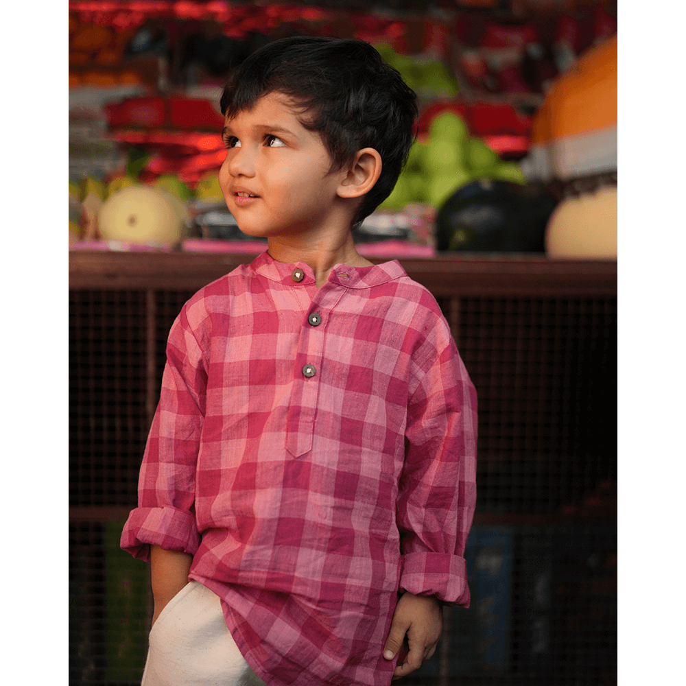 Love The World Today Mithaas Cotton Pink Checkered Full Sleeves Shirt Kurta- Boys