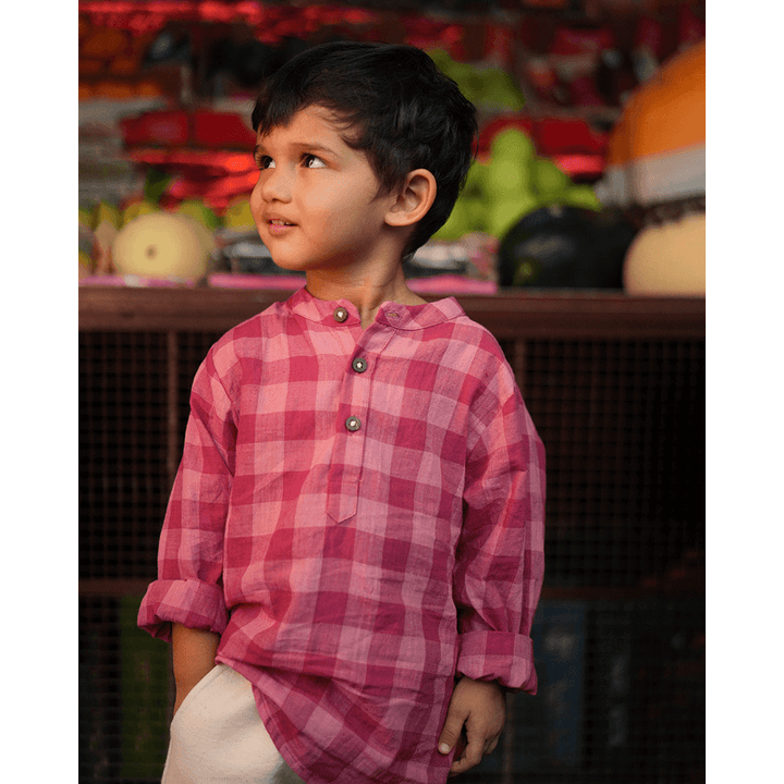 Love The World Today Mithaas Cotton Pink Checkered Full Sleeves Shirt Kurta- Boys