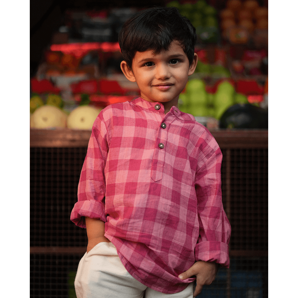 Love The World Today Mithaas Cotton Pink Checkered Full Sleeves Shirt Kurta- Boys