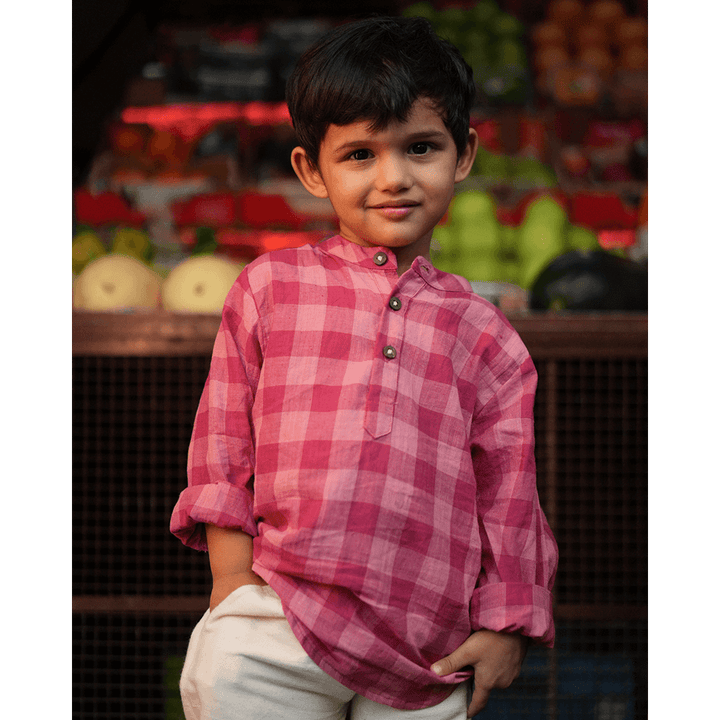 Love The World Today Mithaas Cotton Pink Checkered Full Sleeves Shirt Kurta- Boys