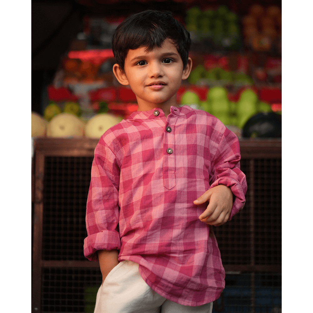 Love The World Today Mithaas Cotton Pink Checkered Full Sleeves Shirt Kurta- Boys