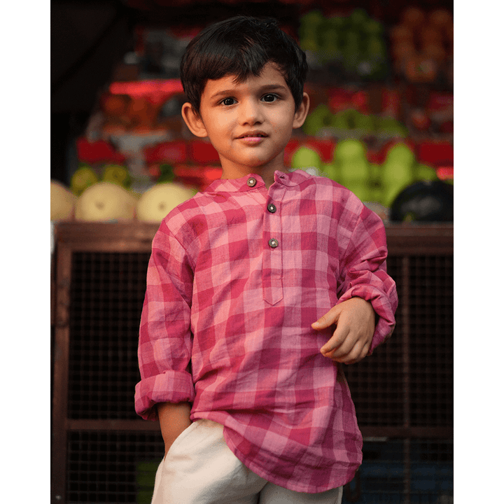 Love The World Today Mithaas Cotton Pink Checkered Full Sleeves Shirt Kurta- Boys