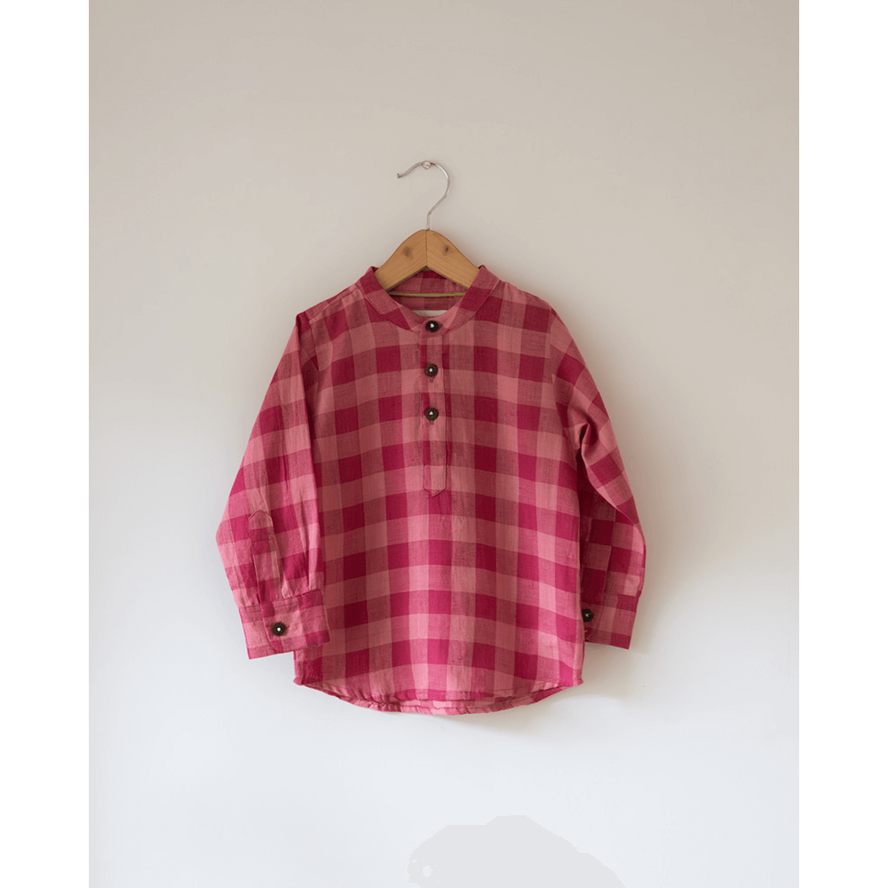 Love The World Today Mithaas Cotton Pink Checkered Full Sleeves Shirt Kurta- Boys