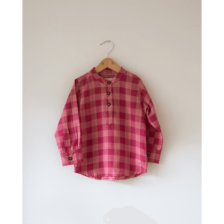 Love The World Today Mithaas Cotton Pink Checkered Full Sleeves Shirt Kurta- Boys