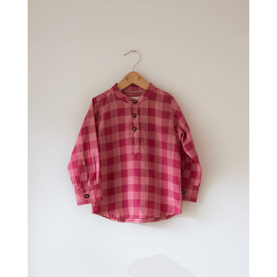 Love The World Today Mithaas Cotton Pink Checkered Full Sleeves Shirt Kurta- Boys