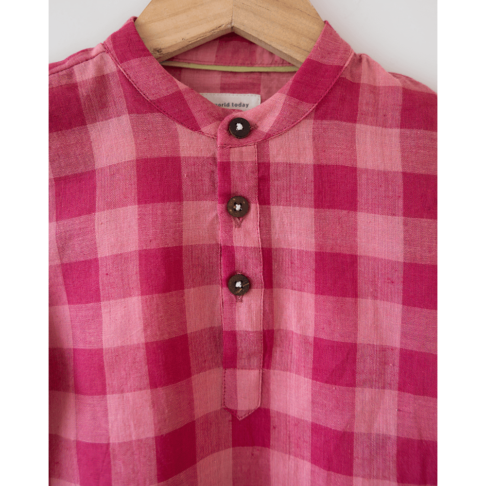 Love The World Today Mithaas Cotton Pink Checkered Full Sleeves Shirt Kurta- Boys