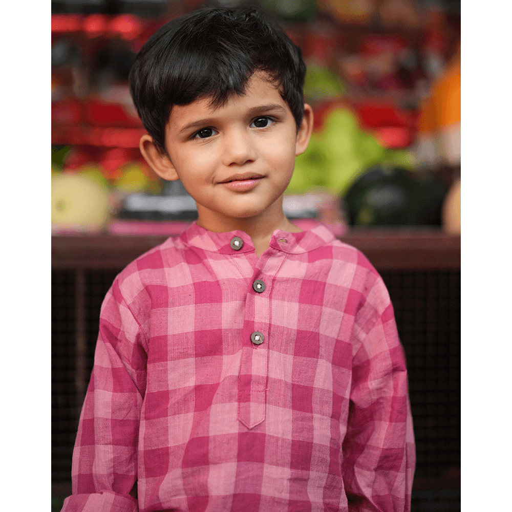 Love The World Today Mithaas Cotton Pink Checkered Full Sleeves Shirt Kurta- Boys