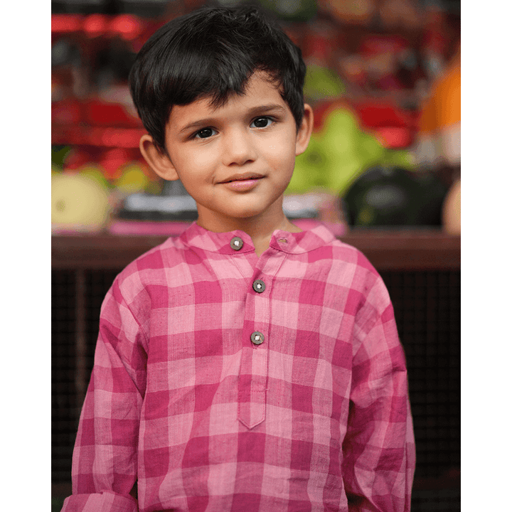 Love The World Today Mithaas Cotton Pink Checkered Full Sleeves Shirt Kurta- Boys
