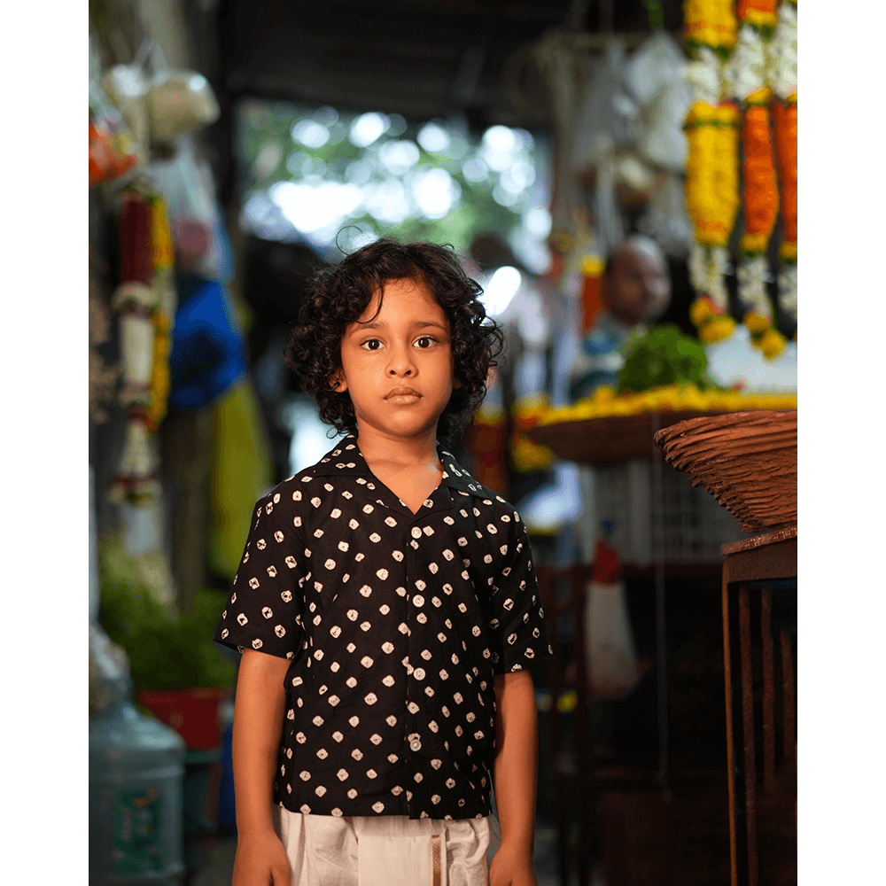 Love the World Today Tara Cotton Black Bandhani Half Sleeve Shirt-Boys