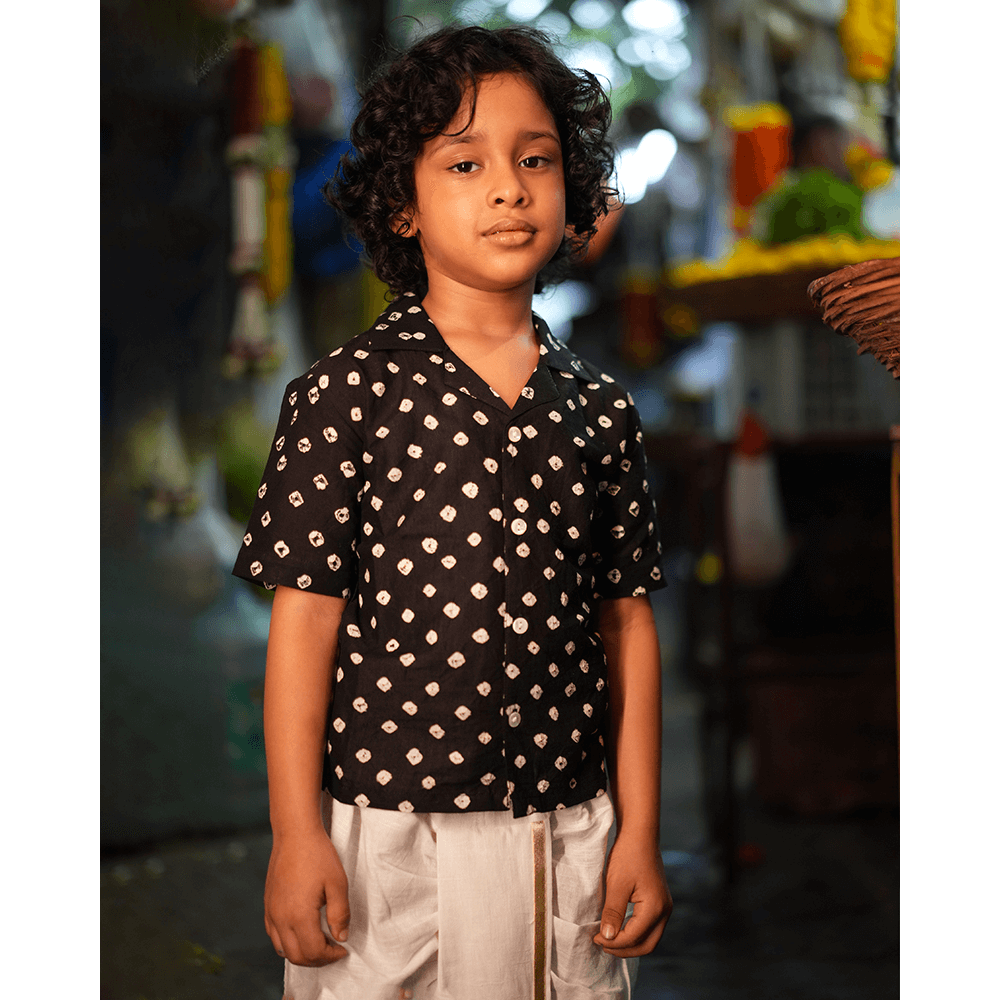 Love the World Today Tara Cotton Black Bandhani Half Sleeve Shirt-Boys