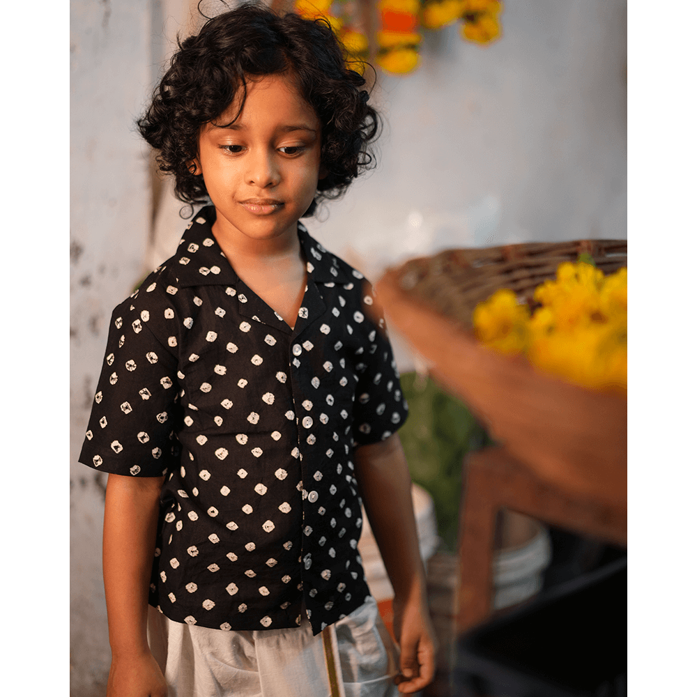 Love the World Today Tara Cotton Black Bandhani Half Sleeve Shirt-Boys
