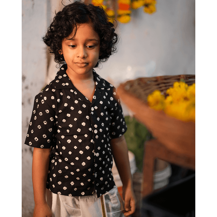 Love the World Today Tara Cotton Black Bandhani Half Sleeve Shirt-Boys